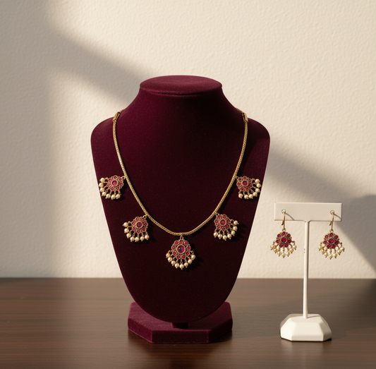 Ruby Blossom Pearl Necklace Set