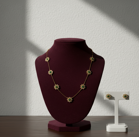 Elegant Floral Necklace Set with Green & White Stones