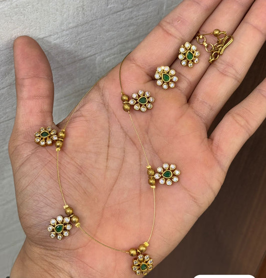 Elegant Floral Necklace Set with Green & White Stones